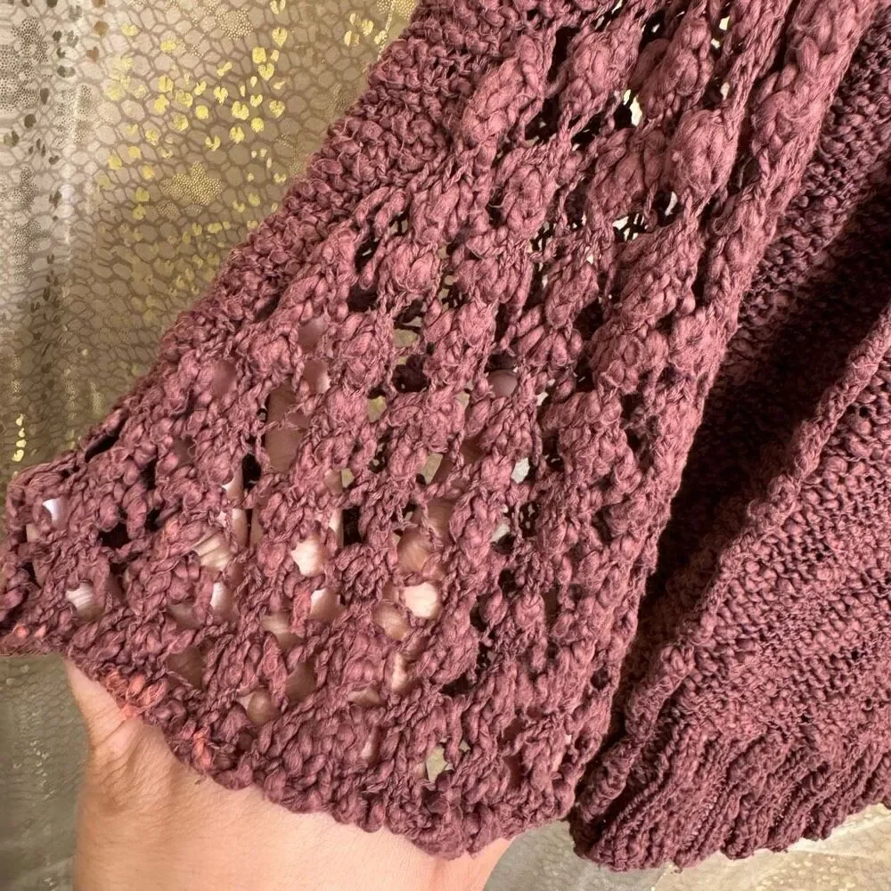 Free People Maroon Boho Chunky Open Knit Bell Sleeve‎ Sweater Oversized XS